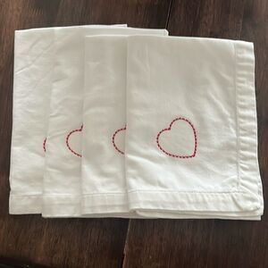 White Upcycled Square Napkins with Border Custom Home Heart Embroidery Set of 4